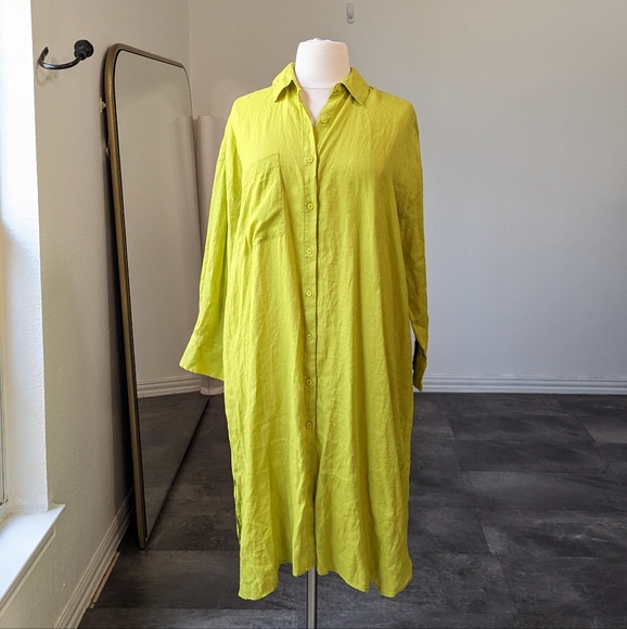 Zara Oversized Button Down 100% Linen Shirtdress Bright Green XL preppy summer - Picture 2 of 11
